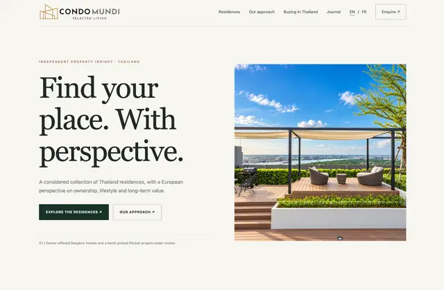 Condo Mundi property website homepage featuring selected Thailand residences