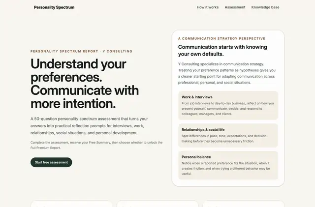Personality Spectrum homepage presenting the assessment and its benefits