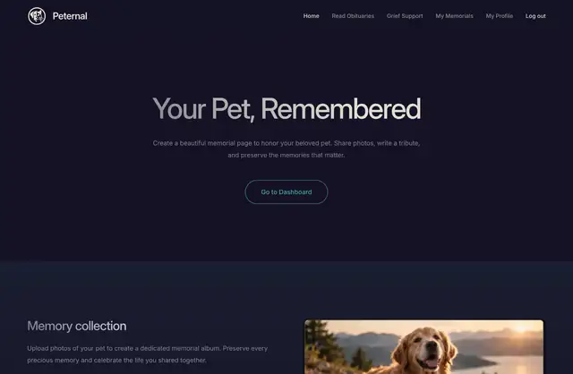 Peternal memorial website showing Your Pet Remembered and memory collection